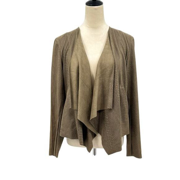 Blank NYC Faux Suede Brown Green Snake Reptile Draped Open Jacket Cardigan - Picture 1 of 12